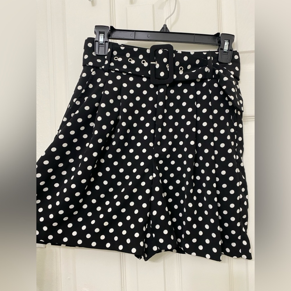 Stradivarius Black and White Polka Dot Belted Shorts